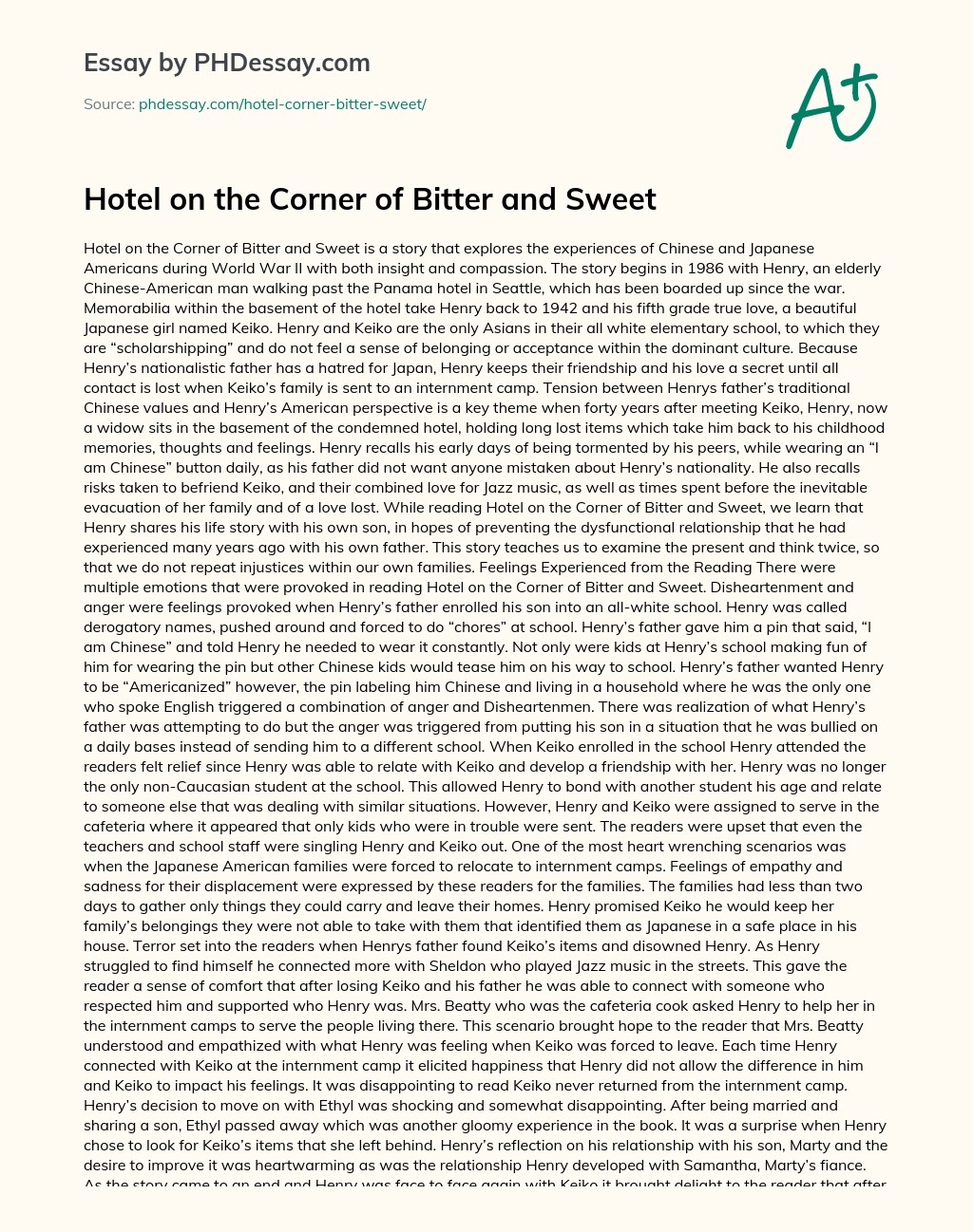 Hotel On The Corner Of Bitter And Sweet Summary Essay Example