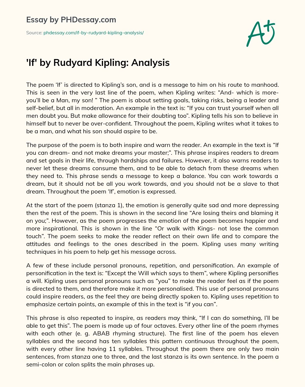 If By Rudyard Kipling Analysis Essay Example