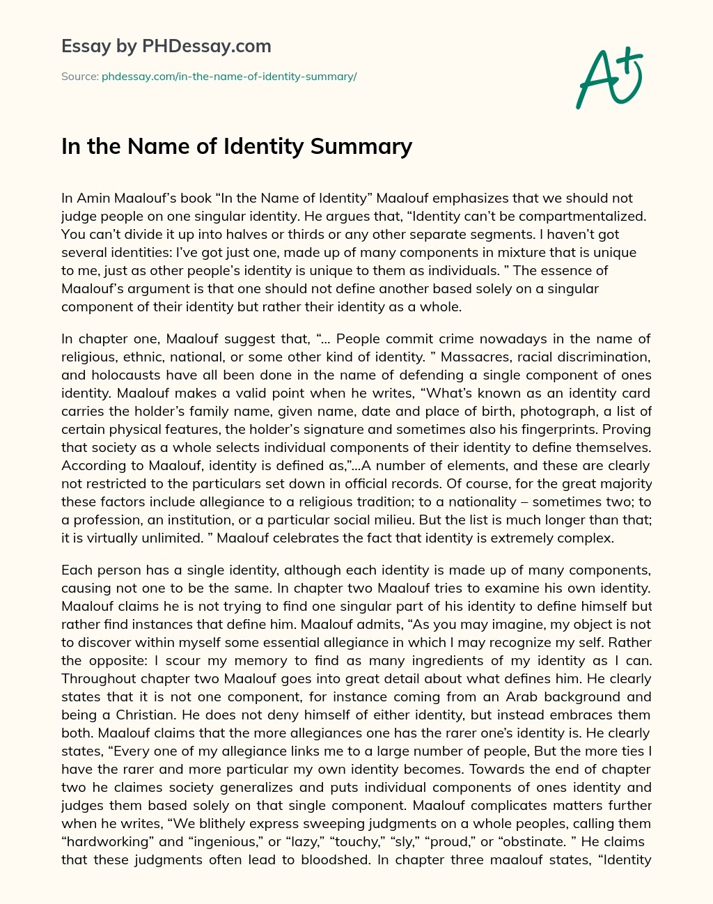 In The Name Of Identity Summary Essay Example
