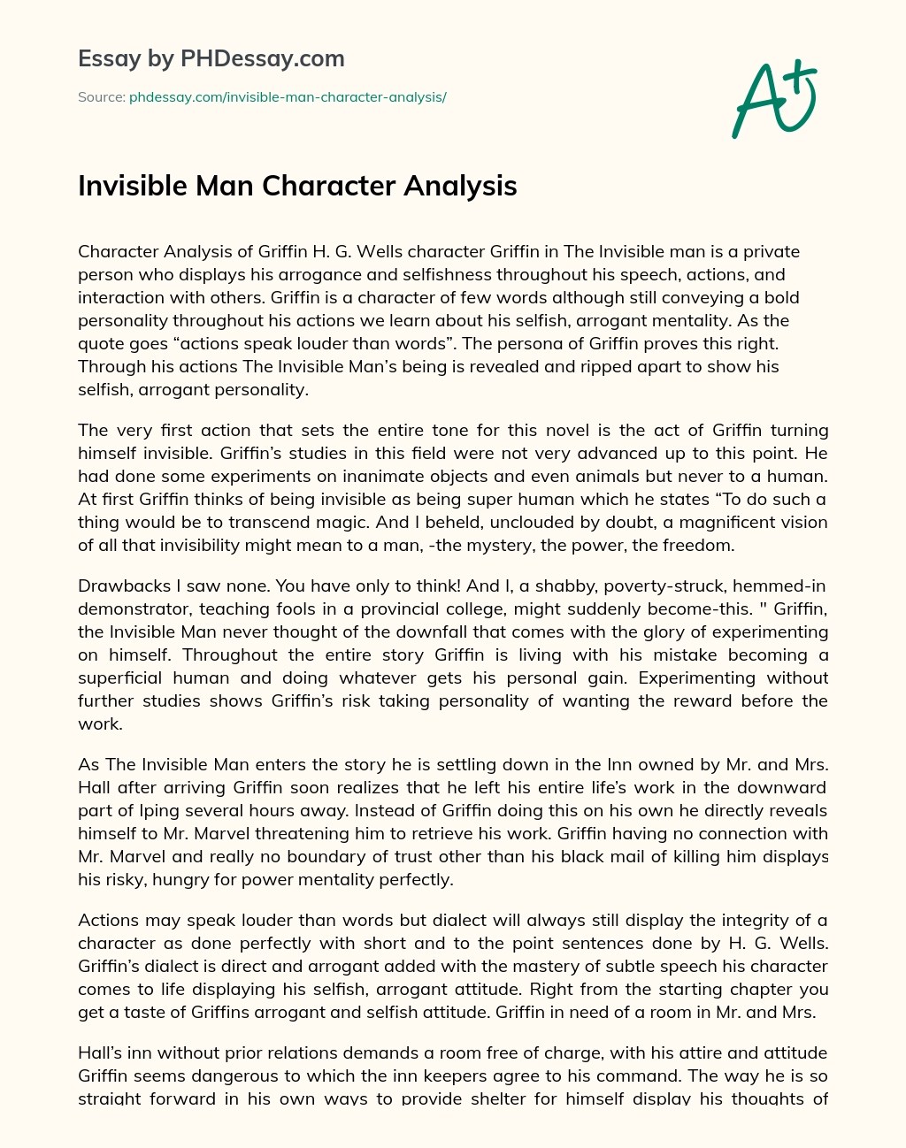 Invisible Man Character Analysis Essay Example