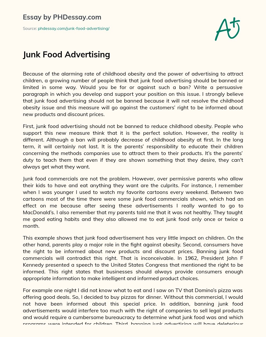 Junk Food Advertising Essay Example (600 Words)