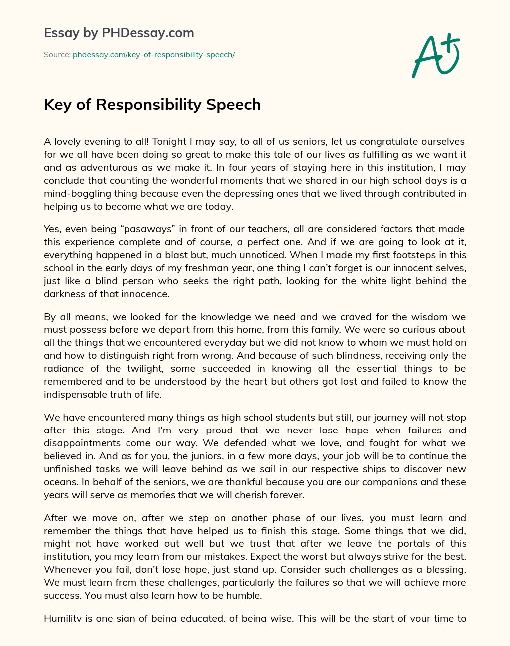 Key Of Responsibility Speech Sample