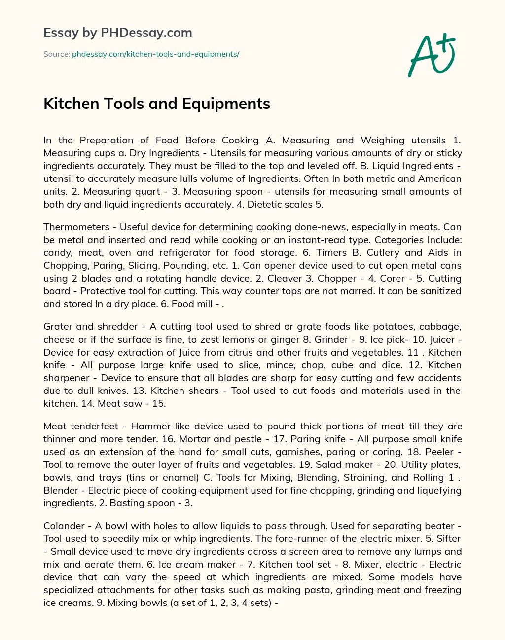 Kitchen Tools And Equipments Process And Thesis Essay