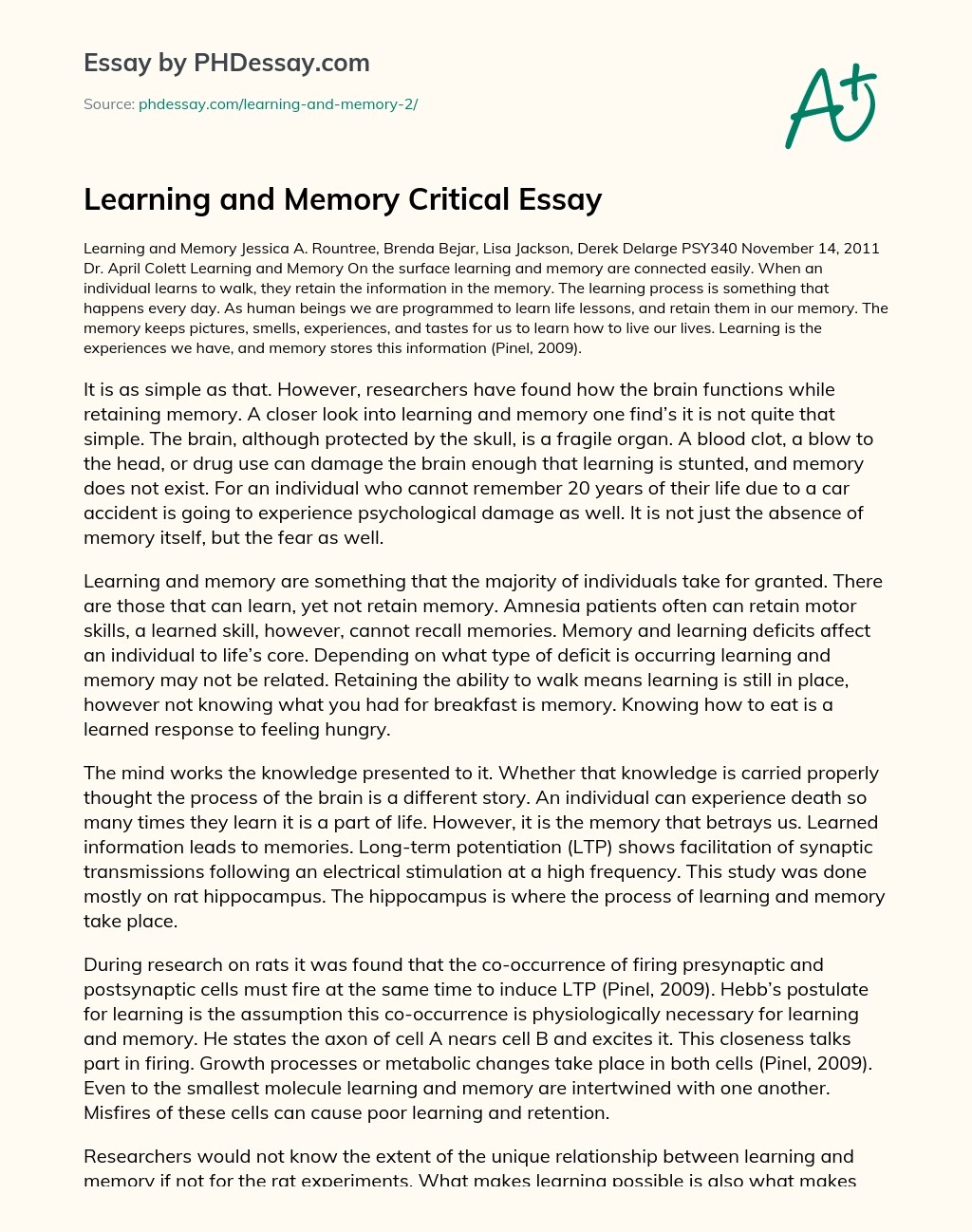 Learning And Memory Critical Essay Example