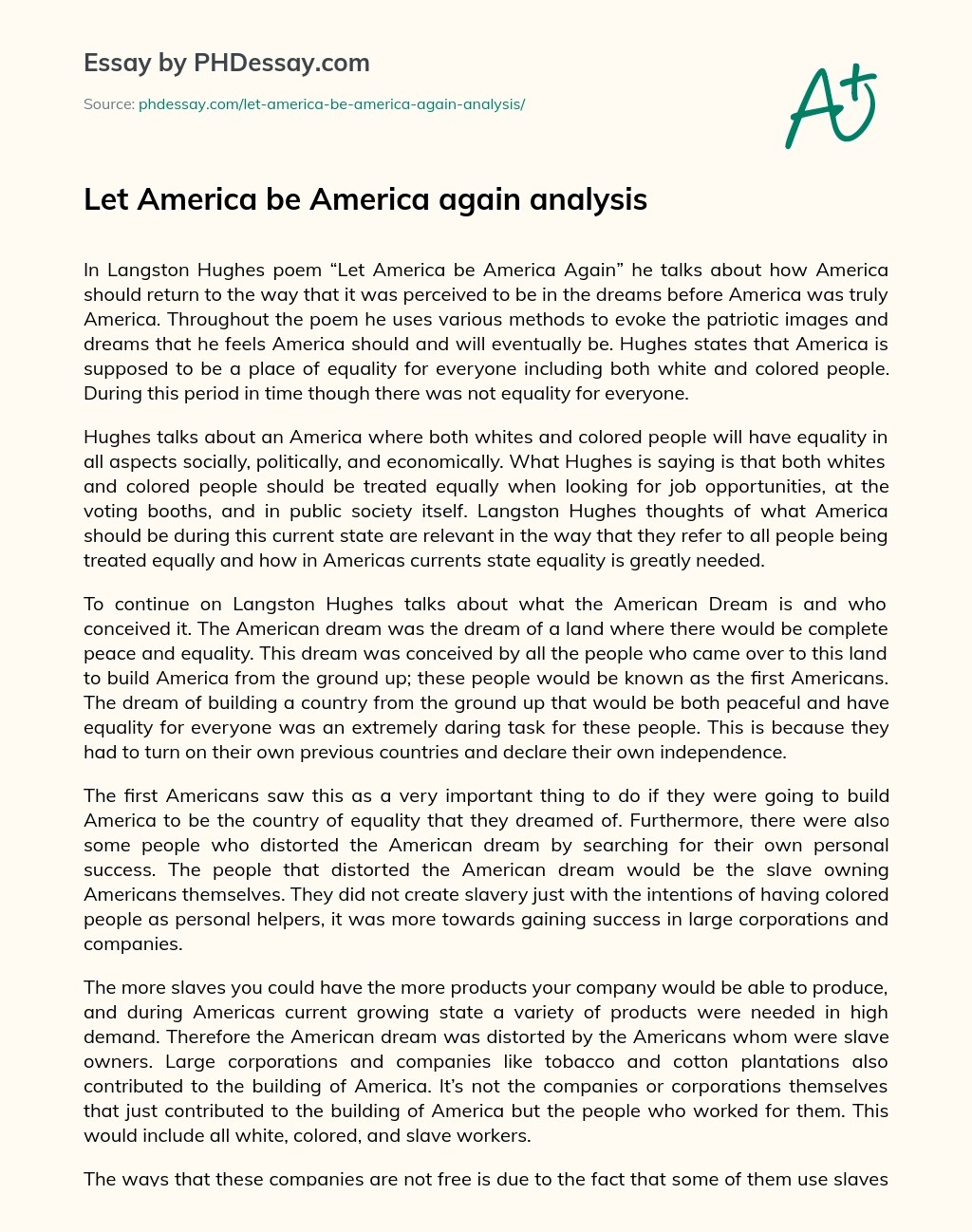 Let America Be America Again Analysis Essay Example