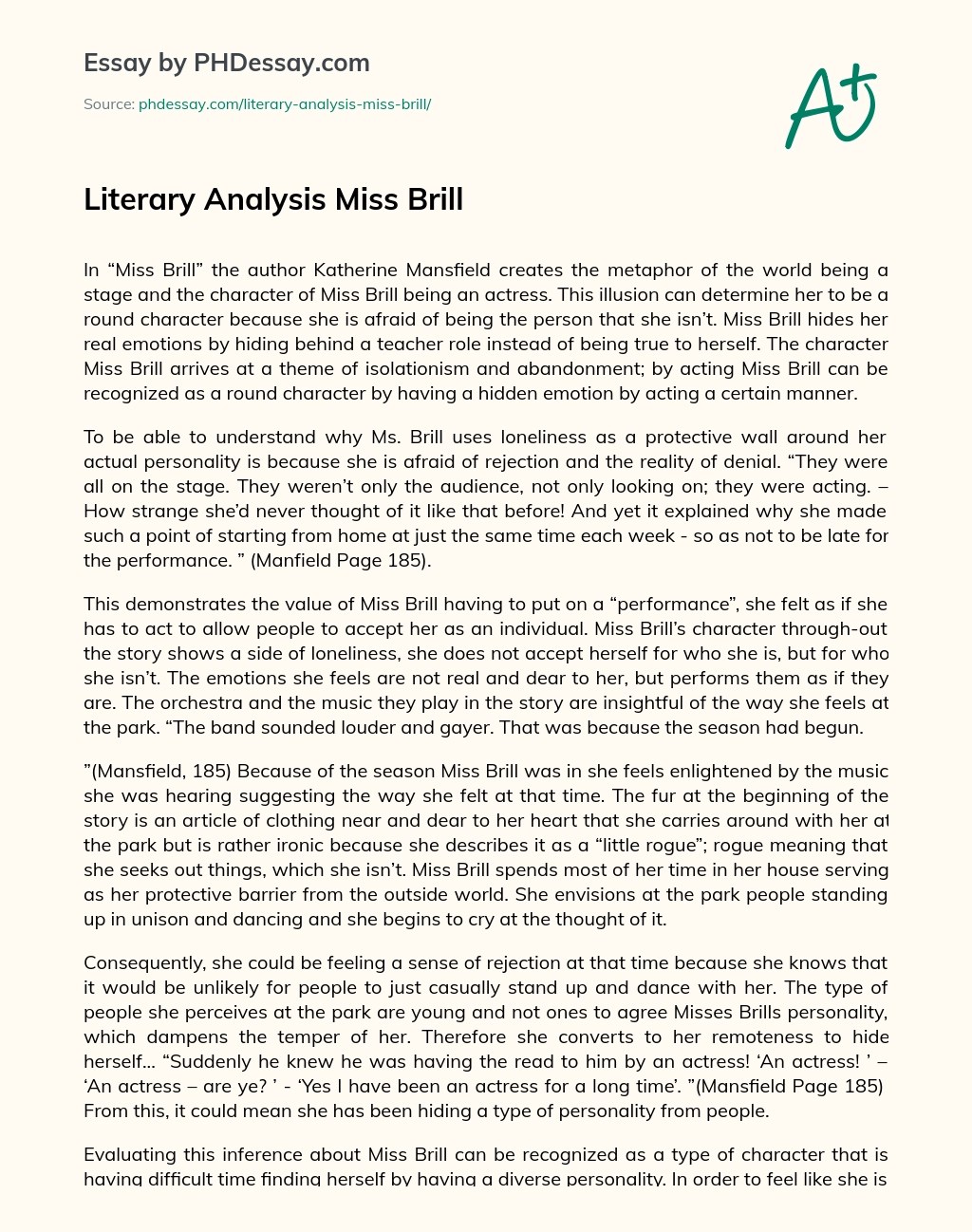 Literary Analysis Miss Brill Essay Example