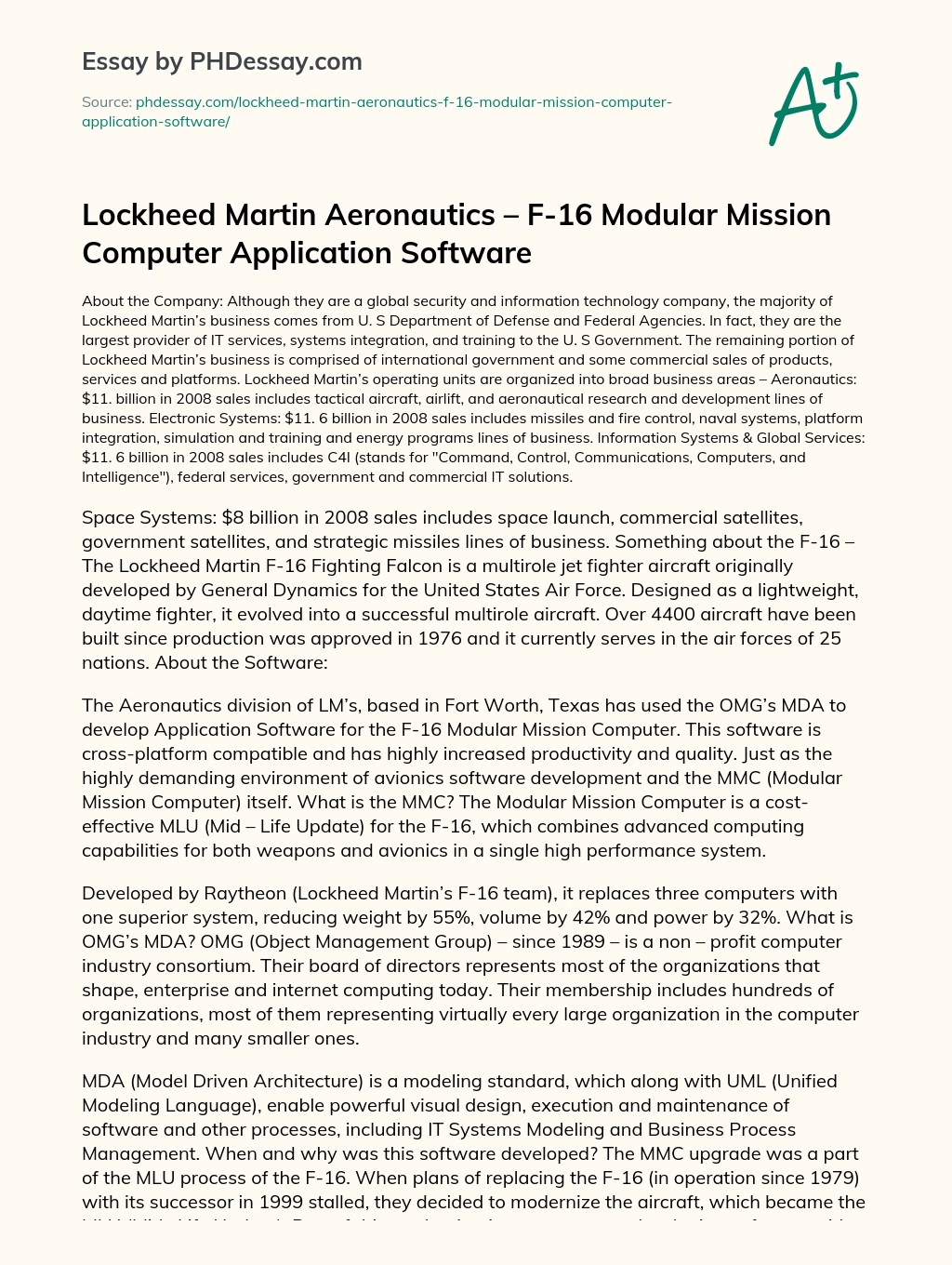 Lockheed Martin Aeronautics F16 Modular Mission Computer Application