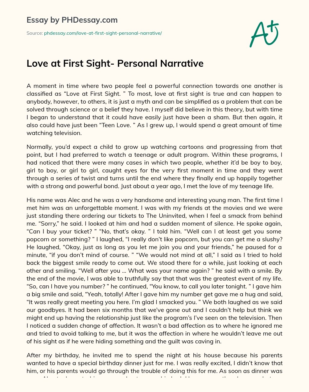 Love At First Sight Personal Narrative Essay Speech Example