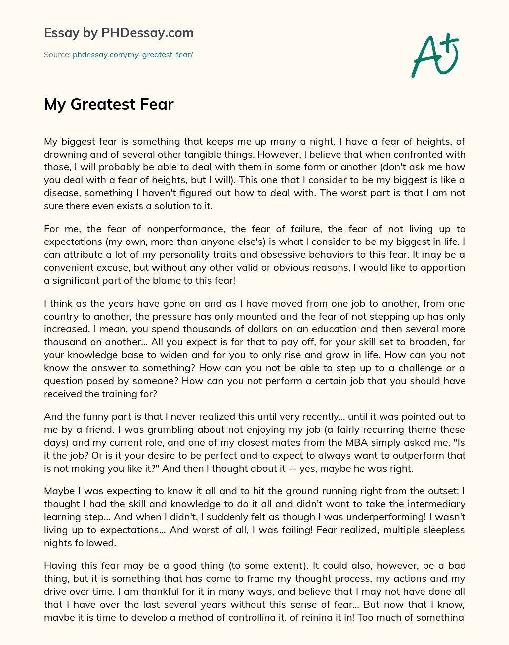 My Greatest Fear Creative And Narrative Essay Example