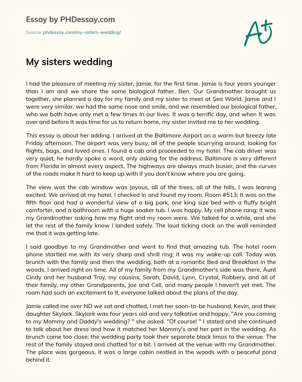 My Sisters Wedding Narrative And Summary Essay Sample