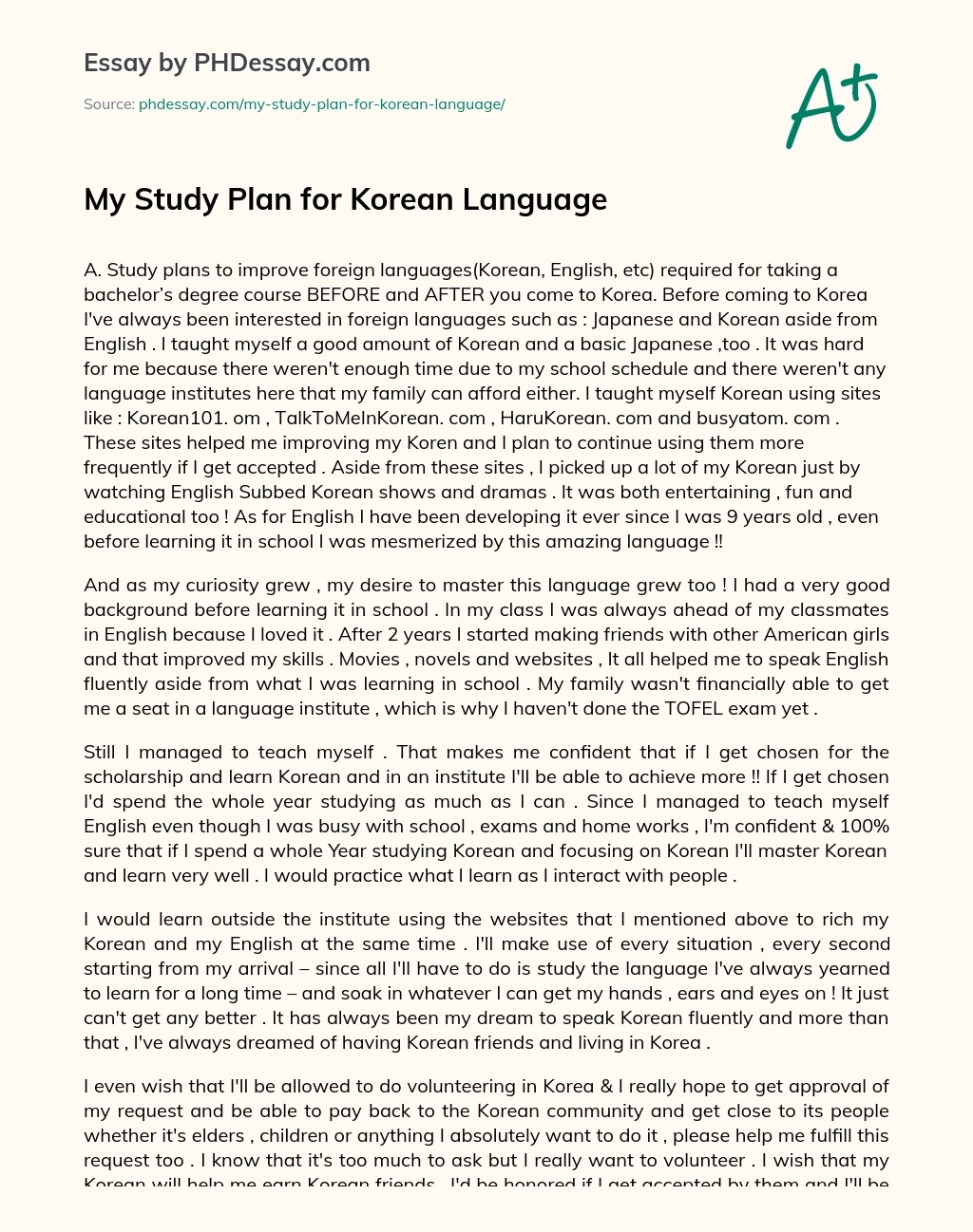 My Study Plan For Korean Language Scholarship Essay Example