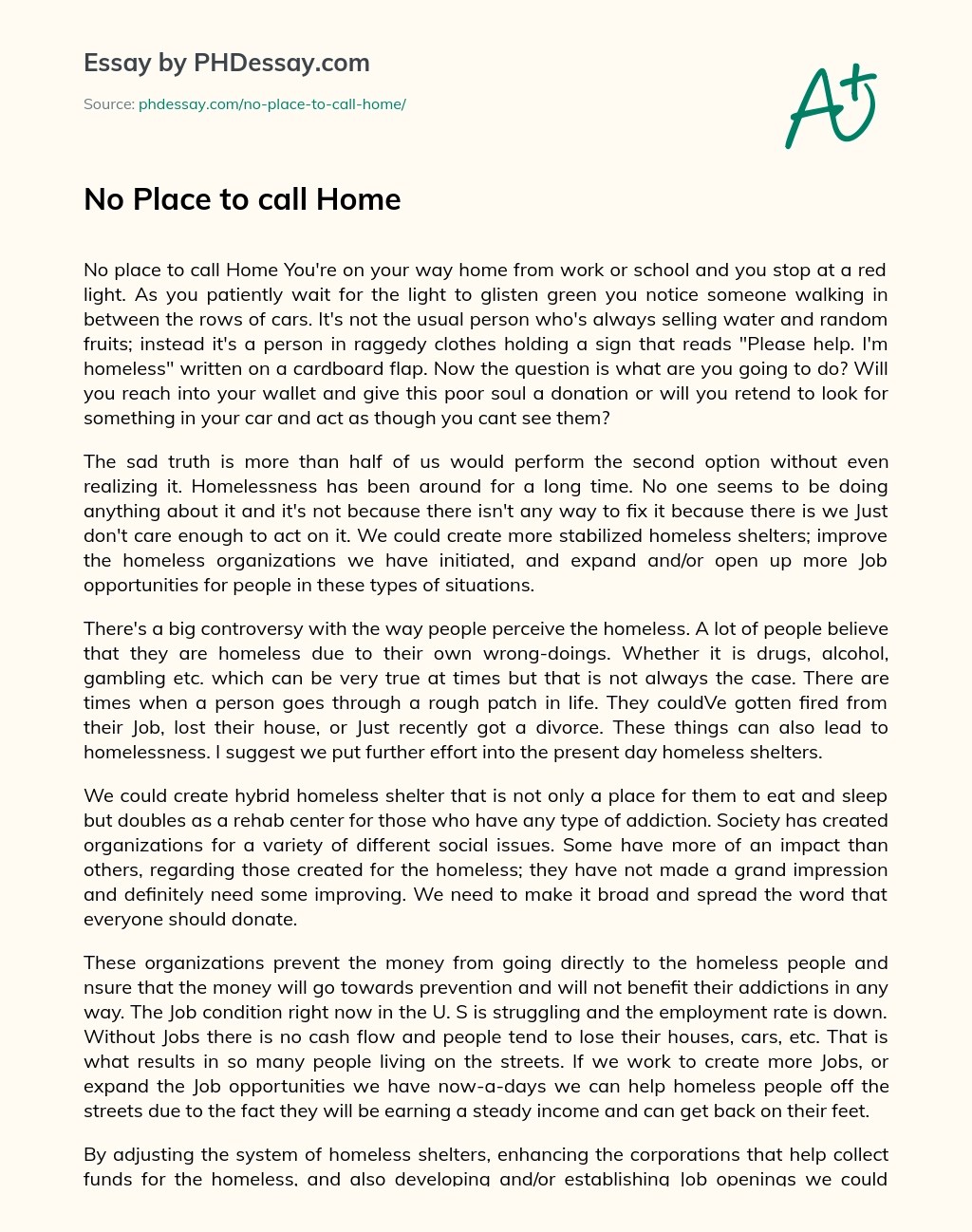 No Place To Call Home Essay Speech Example (600 Words)