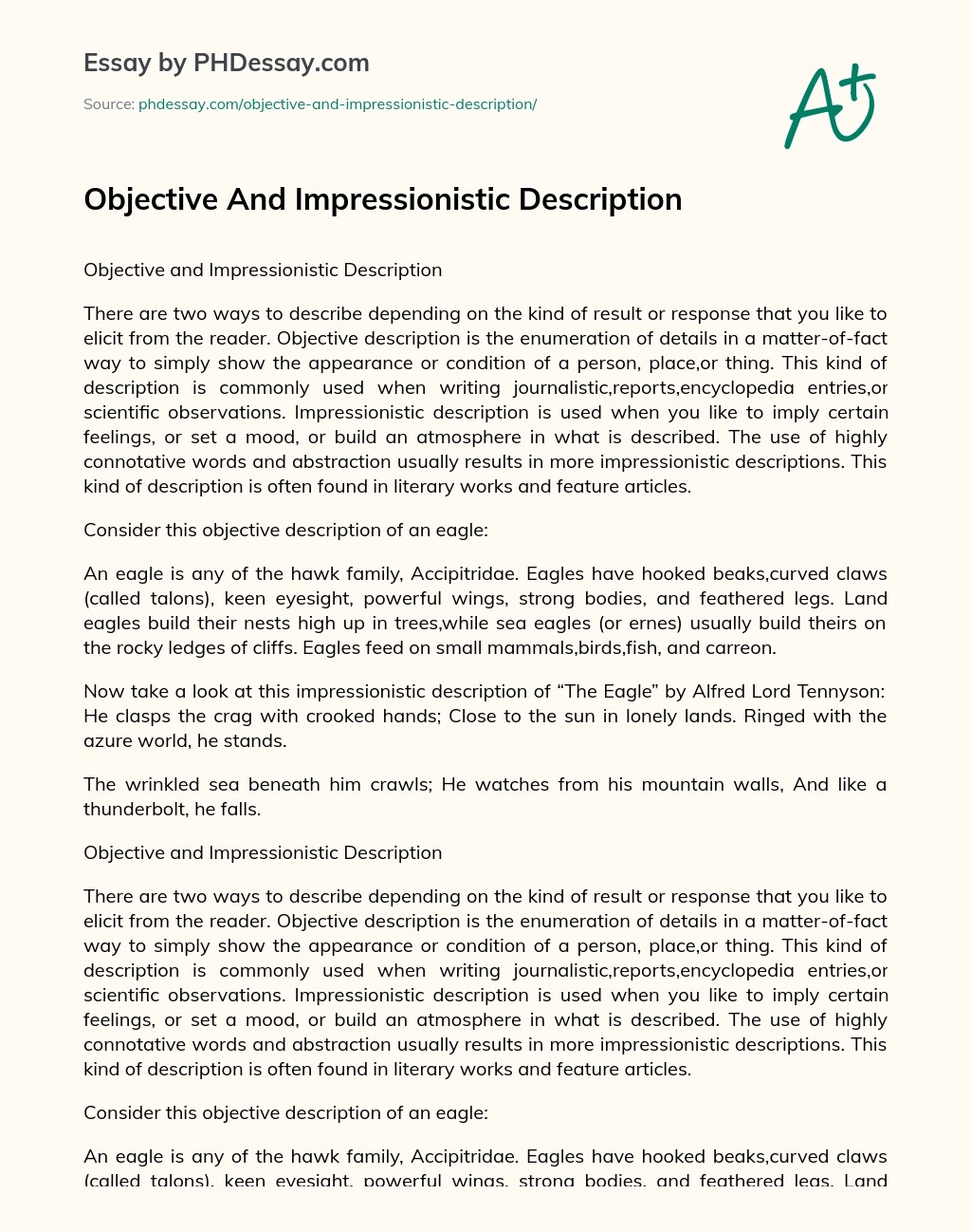 Objective And Impressionistic Description Descriptive Essay Example