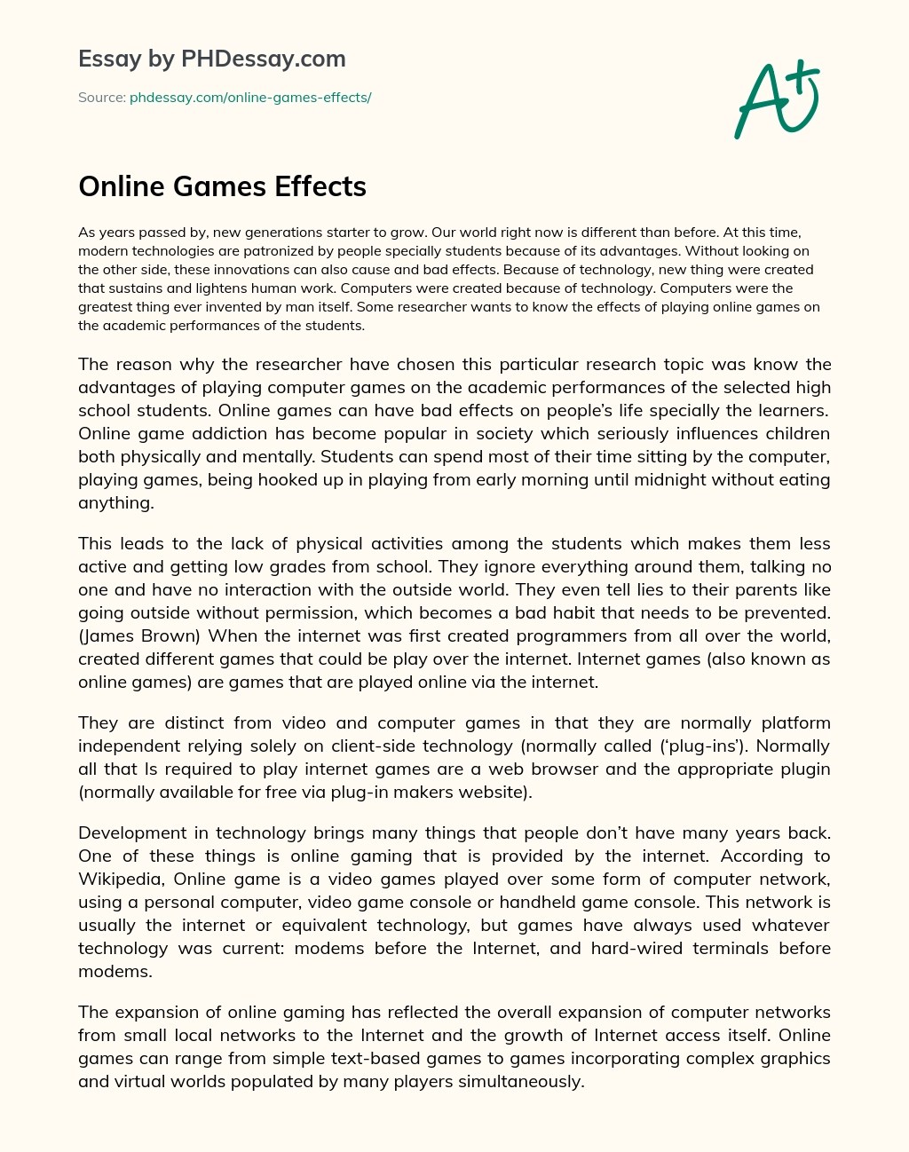 Online Games Effects Research Essay Paper Sample