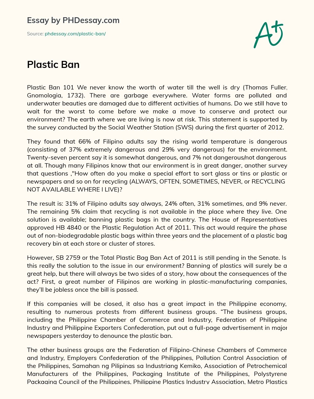 Plastic Ban Essay Paper Example