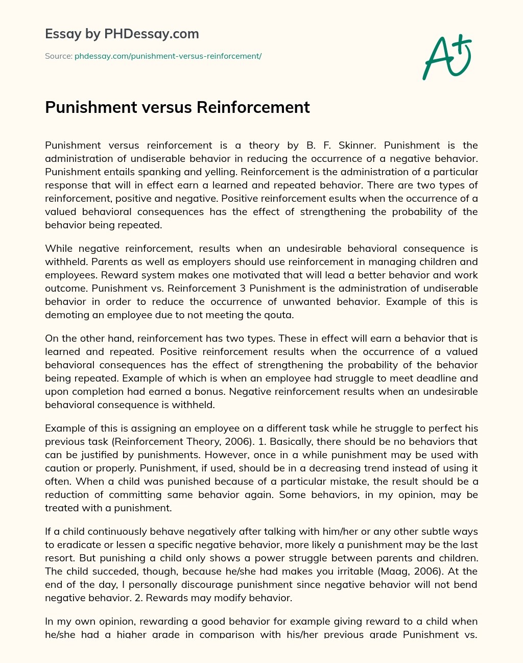 Punishment Versus Reinforcement Essay Example