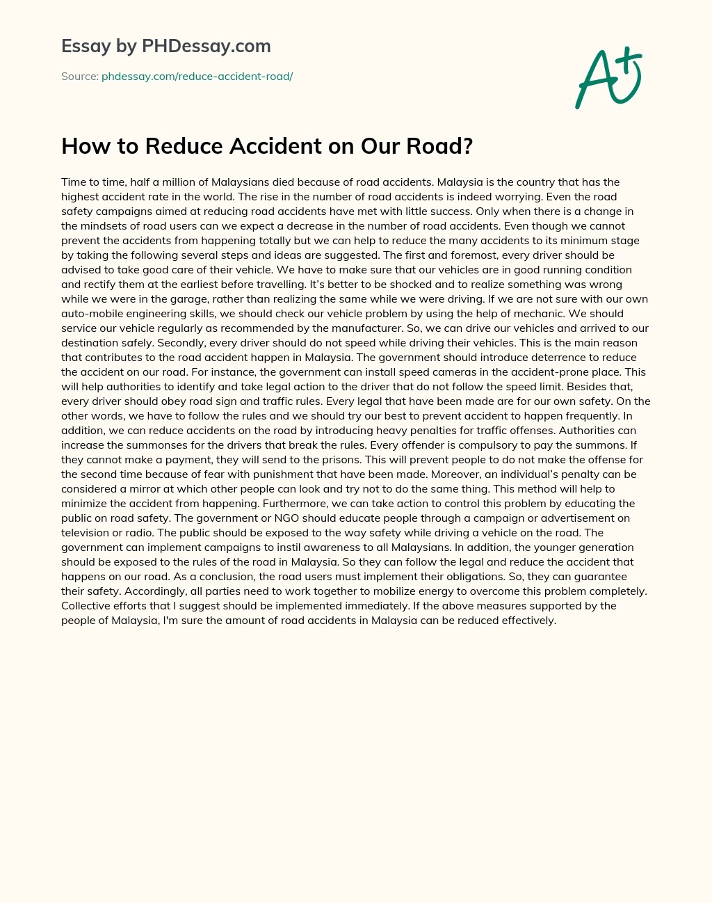 How To Reduce Accident On Our Road? Report Essay Example (600 Words
