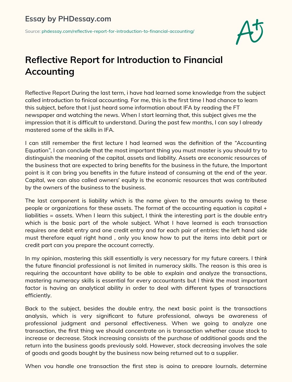 Report For Introduction To Financial Accounting Reflective And Analysis Essay Example