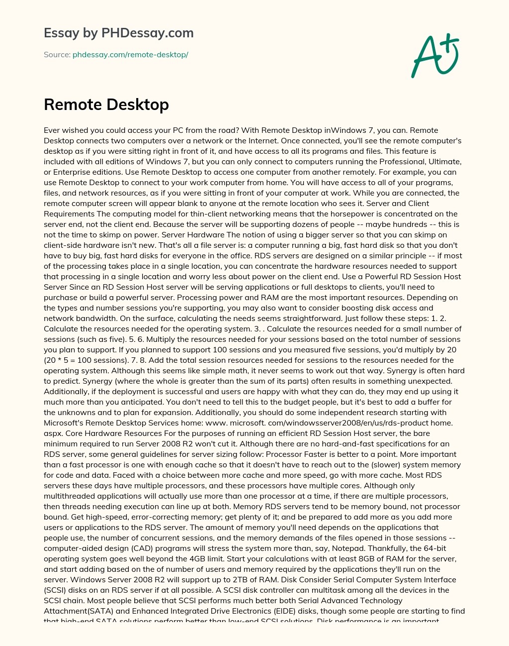 Remote Desktop Definition Essay Example
