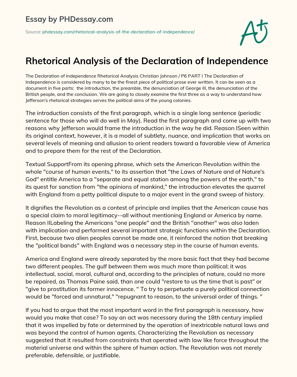 Rhetorical Analysis Of The Declaration Of Independence Essay Example