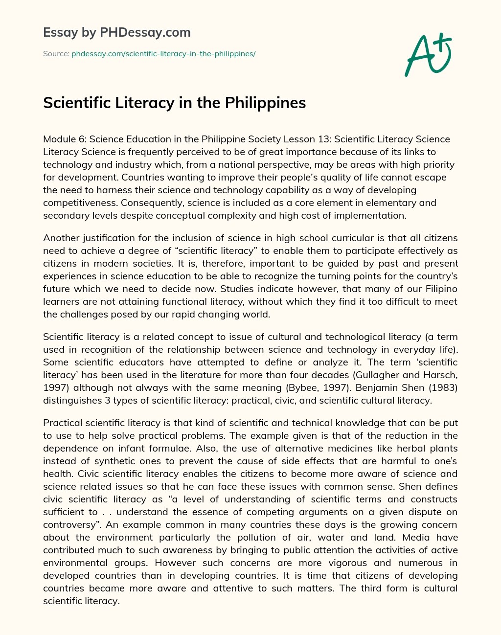 Scientific Literacy In The Philippines Essay Example