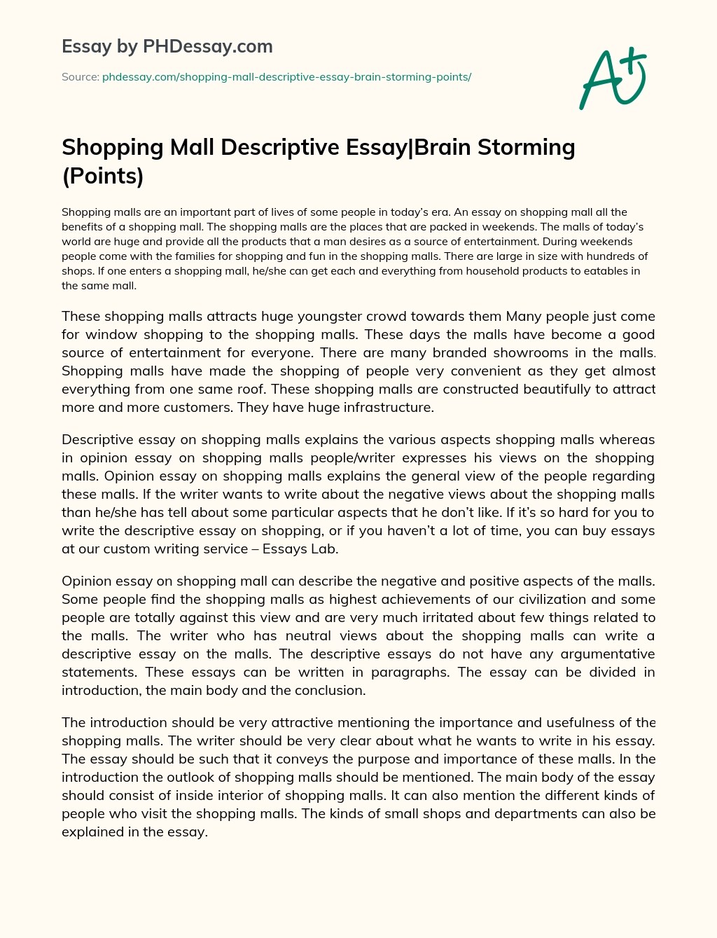 Shopping Mall Descriptive EssayBrain Storming (Points) Example (500