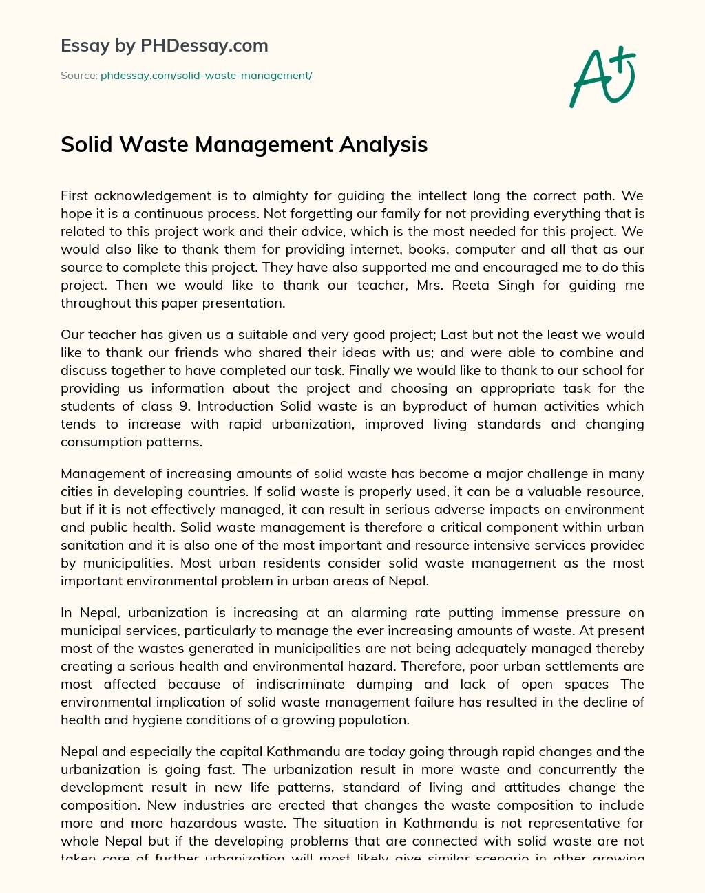 Solid Waste Management Analysis Essay Example