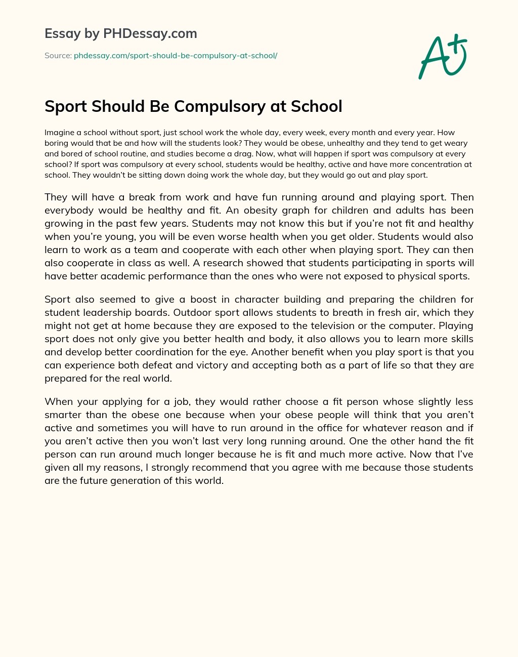 Sport Should Be Compulsory At School Argumentative And Persuasive Essay