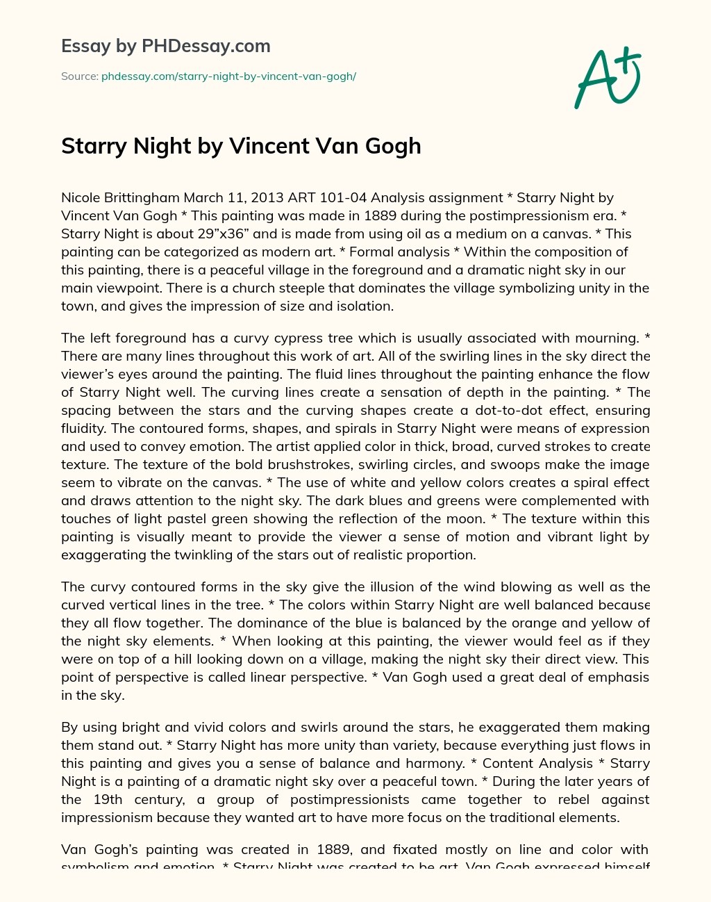 Starry Night By Vincent Van Gogh Analysis And Descriptive Essay