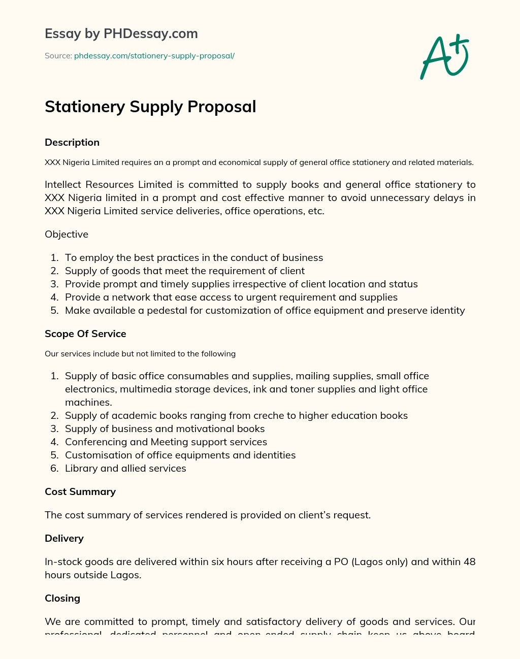 Stationery Supply Proposal Sample (300 Words)