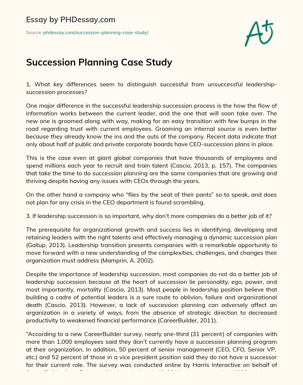 Succession Planning Case Study (500 Words)