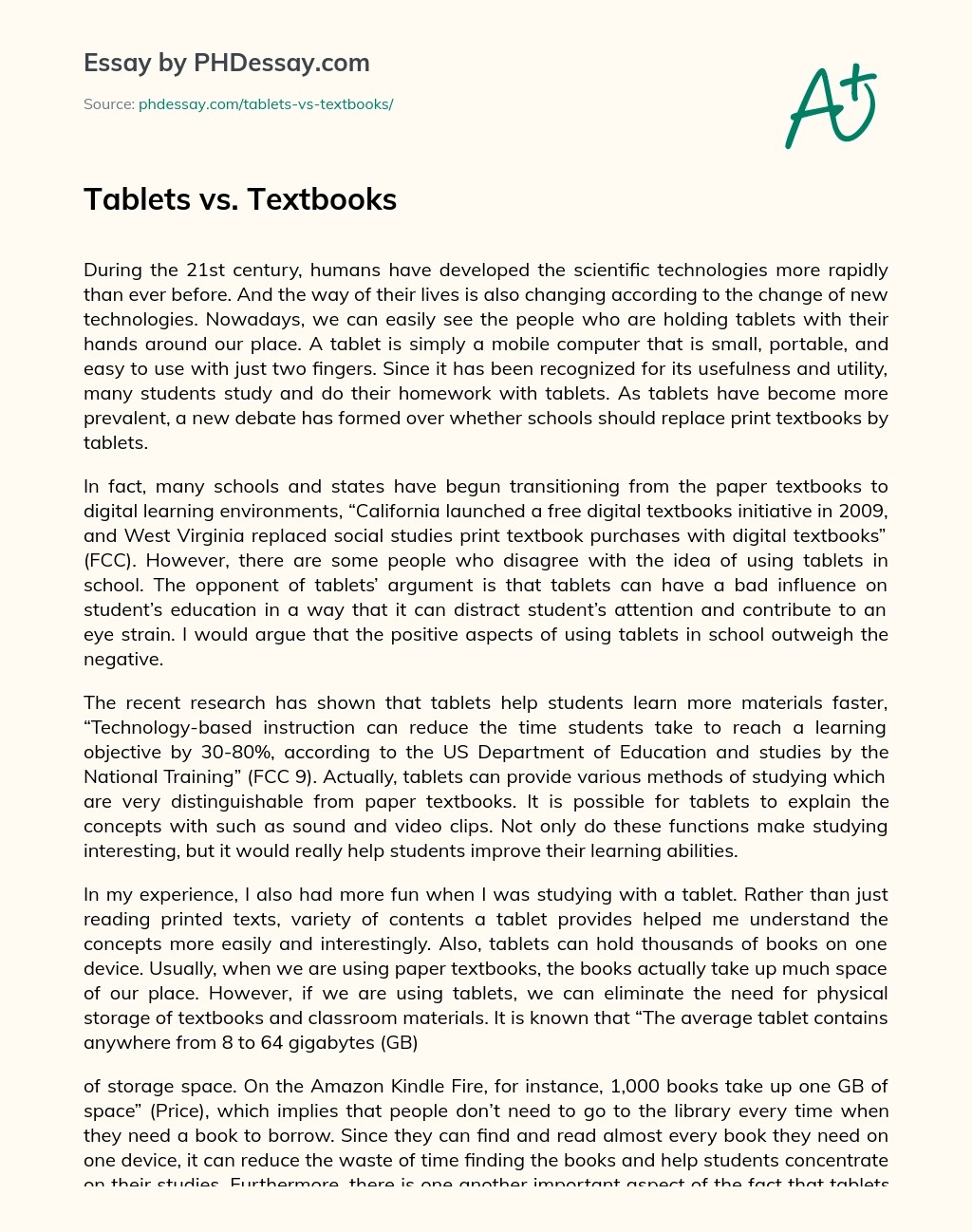 Tablets Vs. Textbooks Argumentative And Opinion Essay