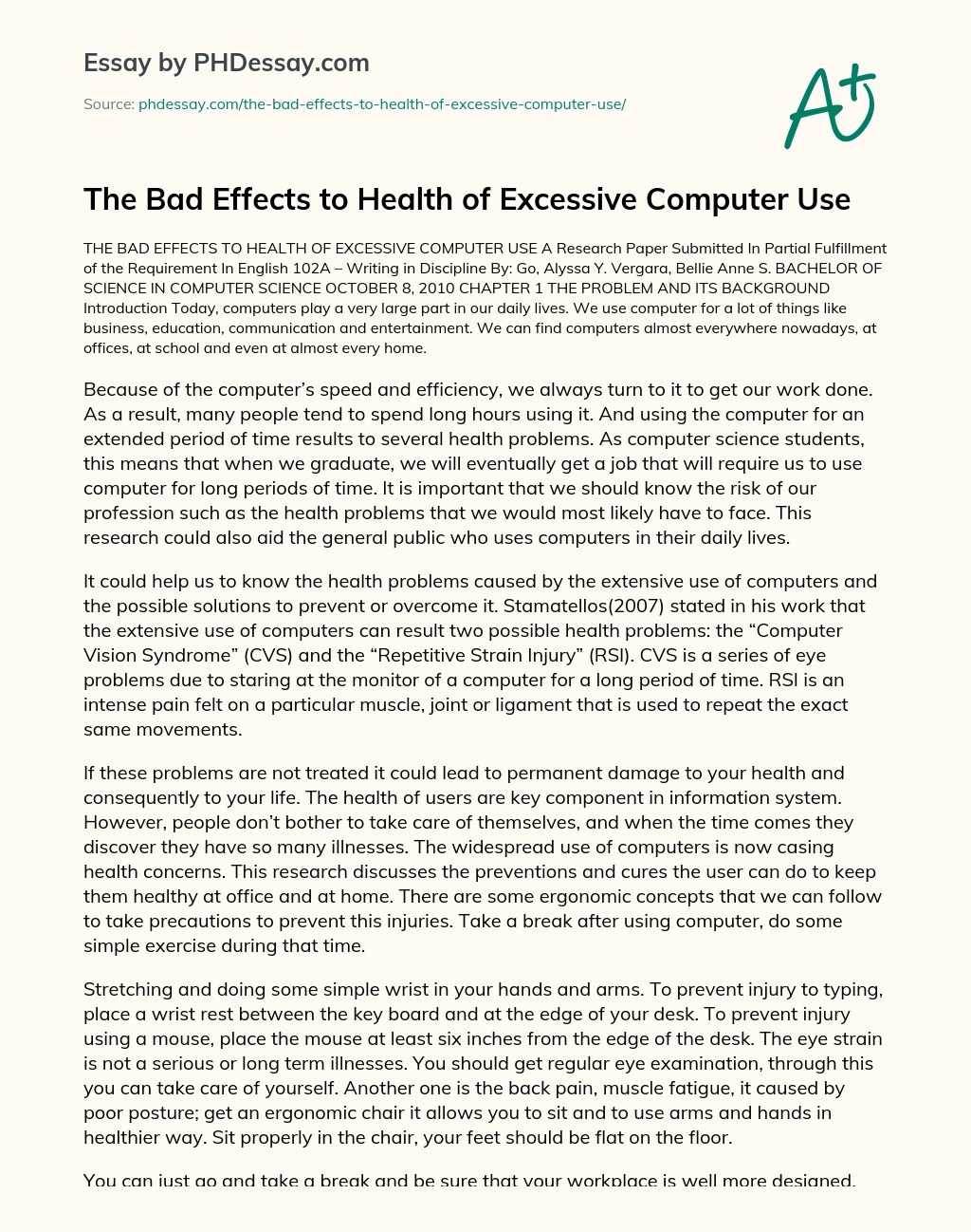 The Bad Effects To Health Of Excessive Computer Use - Phdessay.com