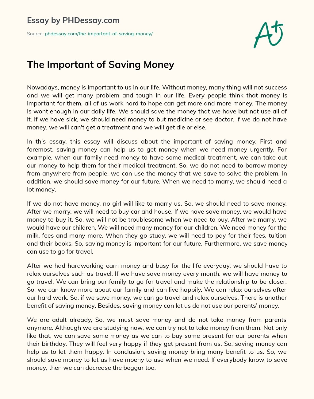 The Important Of Saving Money Informative Essay Speech Sample (500