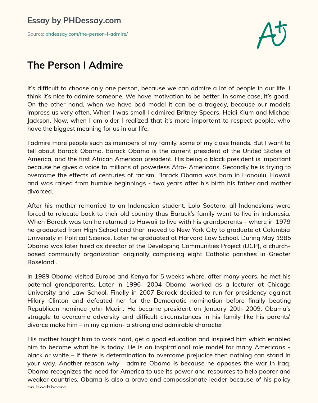 The Person I Admire Descriptive And Personal Essay Example (600 Words