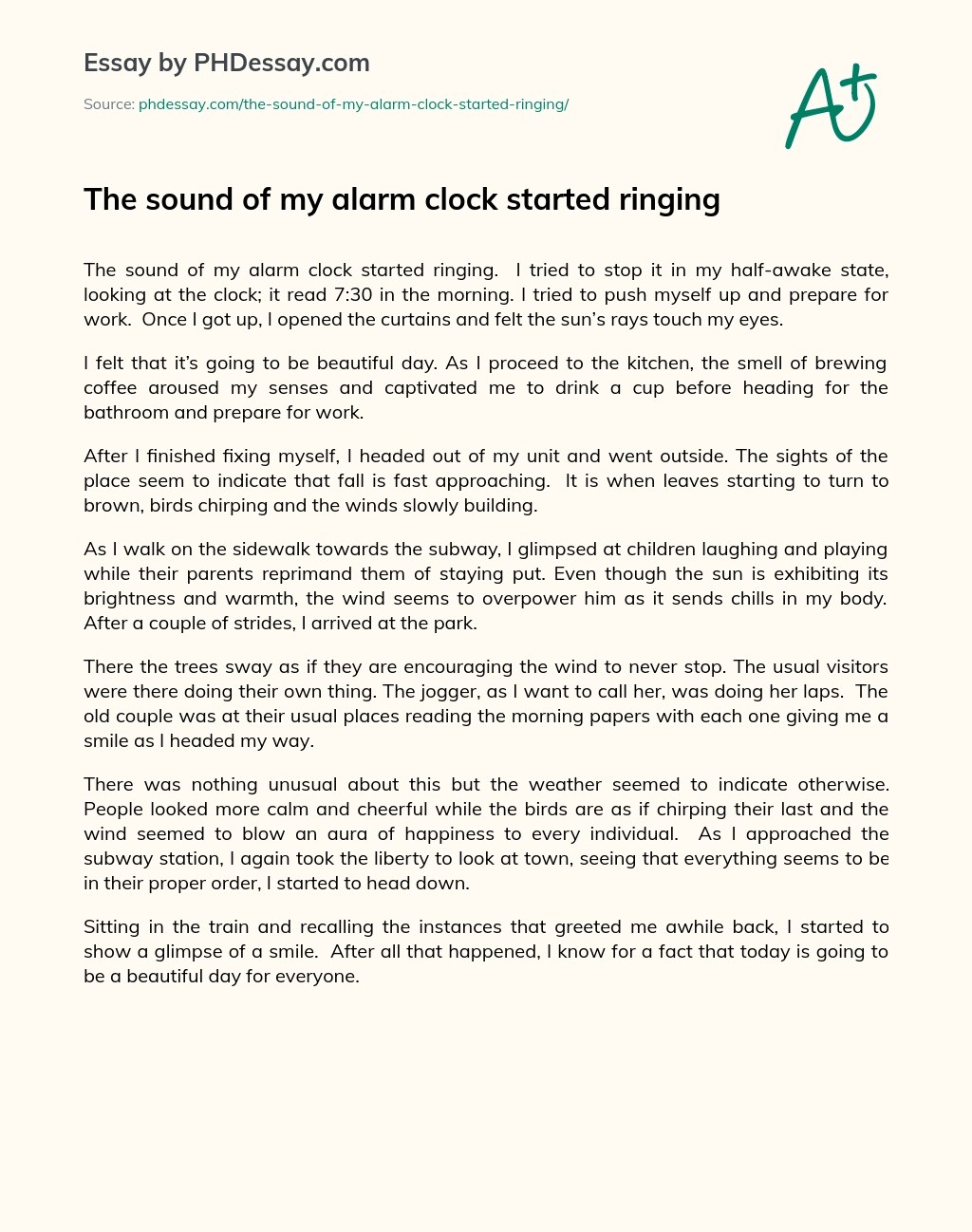 The Sound Of My Alarm Clock Started Ringing Descriptive Essay Example