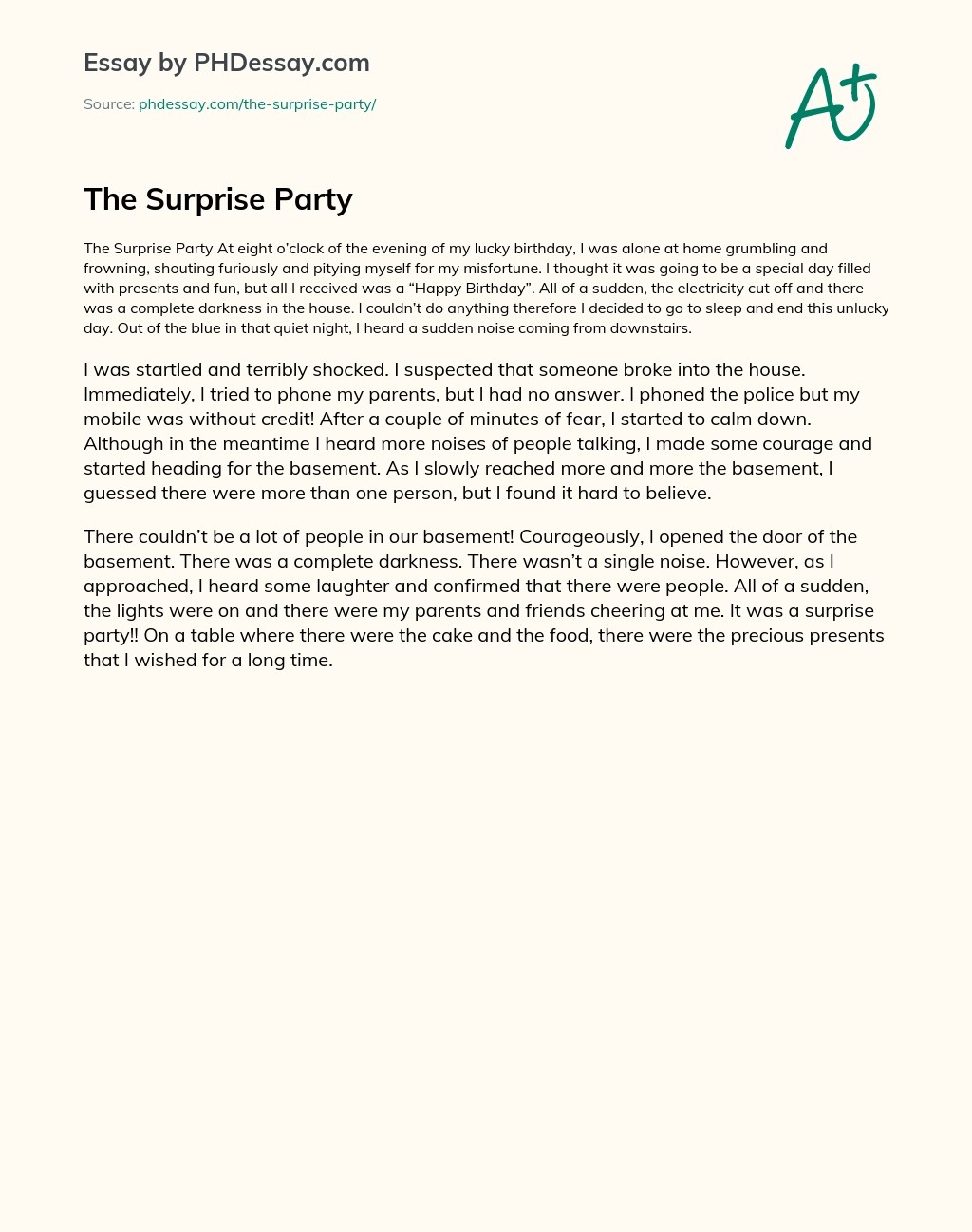 The Surprise Party Narrative And Summary Essay (300 Words)