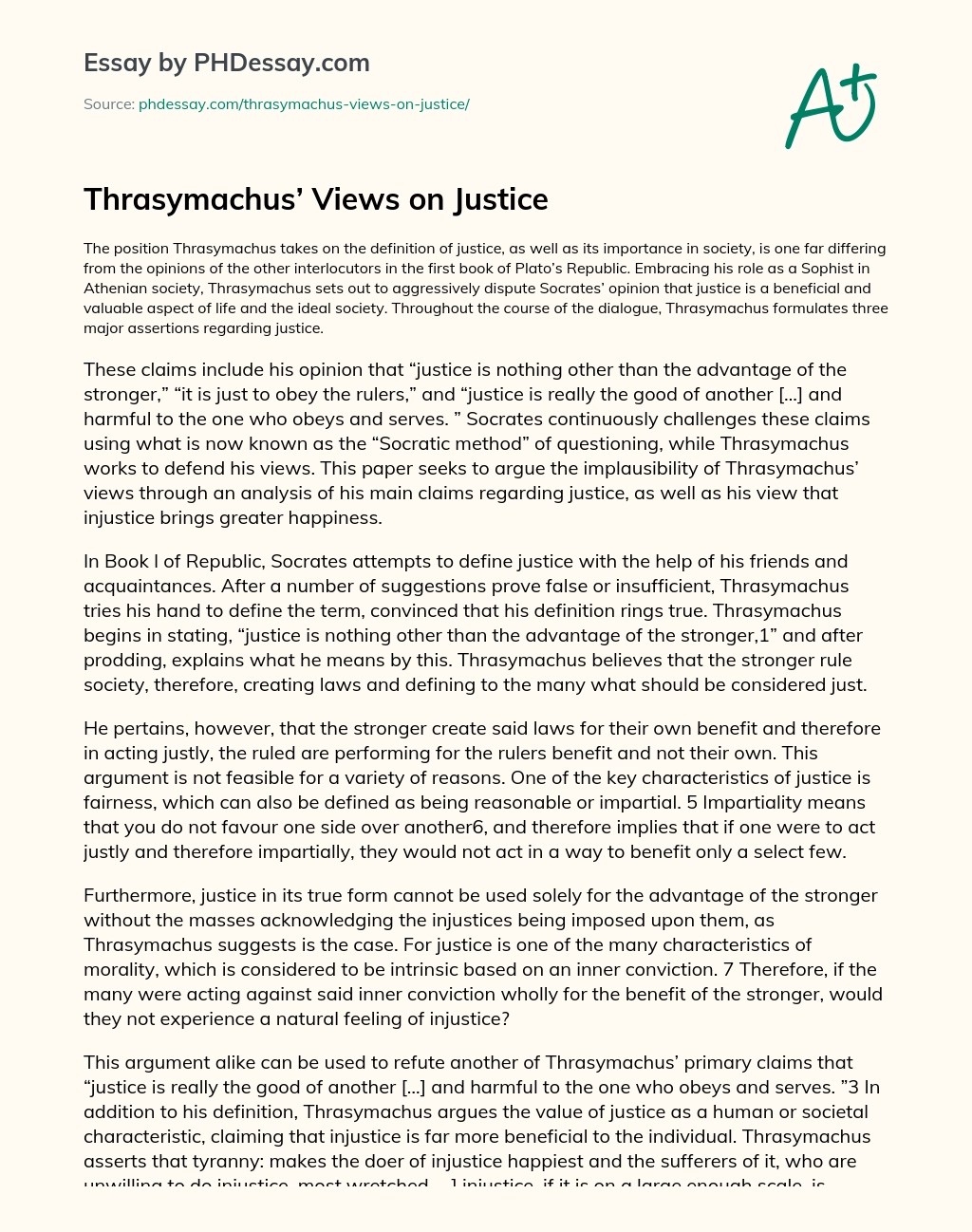 Thrasymachus’ Views On Justice Definition Essay Example