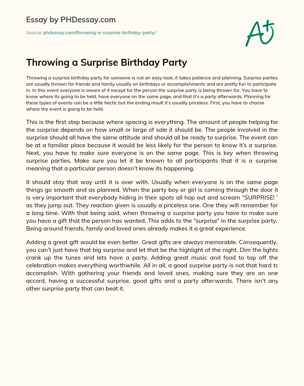 Throwing A Surprise Birthday Party Descriptive And Narrative Essay (400