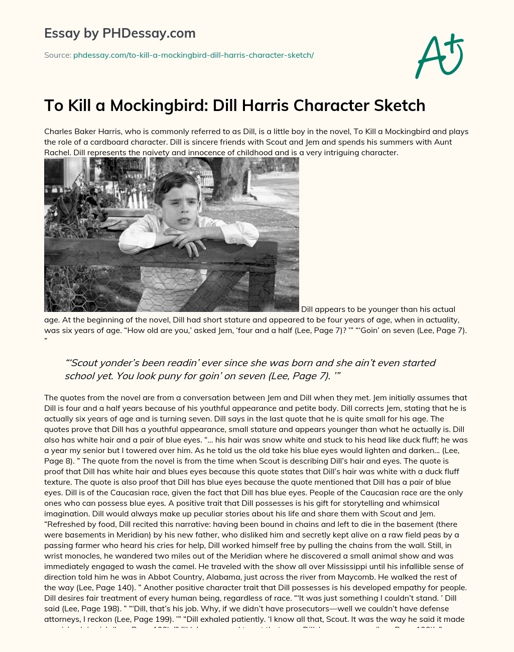 To Kill A Mockingbird Dill Harris Character Sketch Personal And