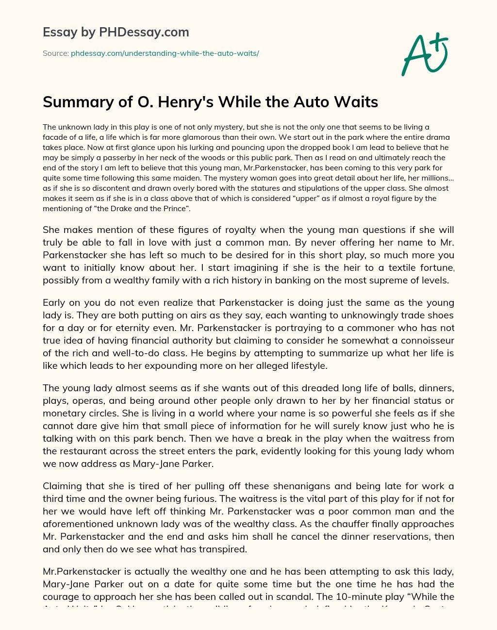 Summary of O. Henry's While the Auto Waits