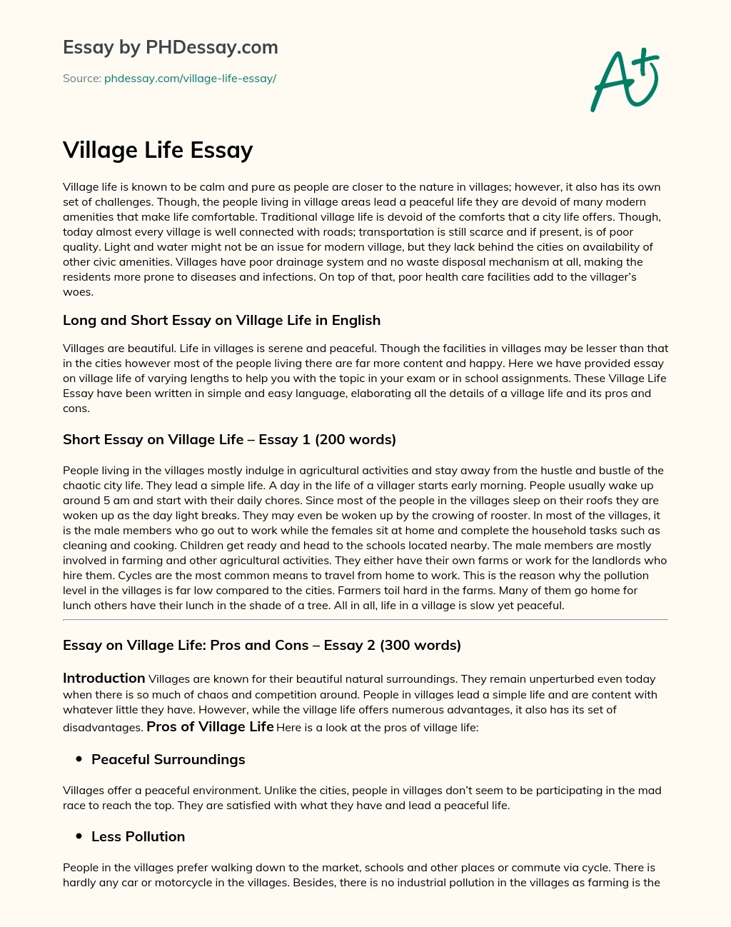 Village Life Essay Reflective Sample 150, 200, 300 Words