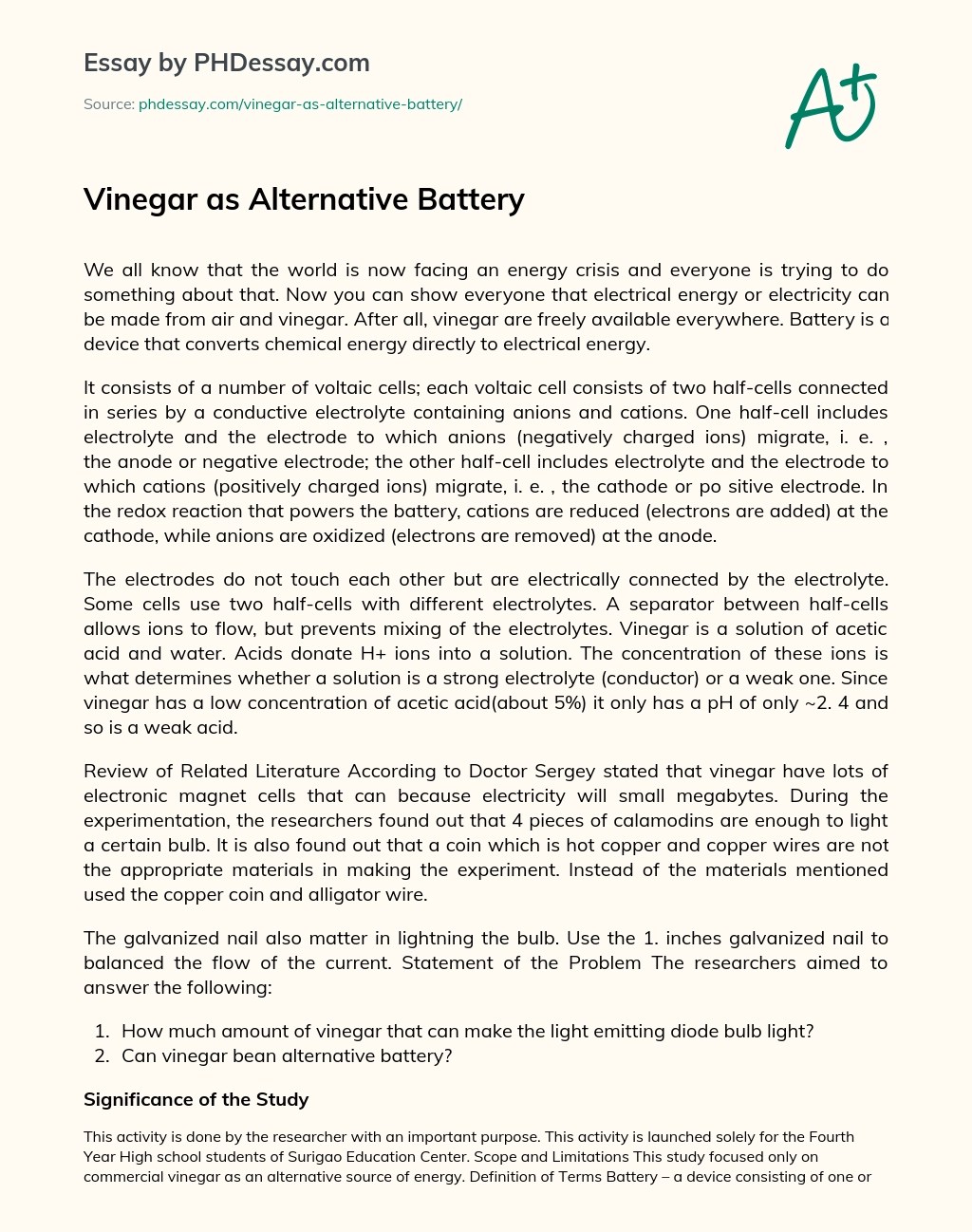 Vinegar As Alternative Battery Research Paper Example