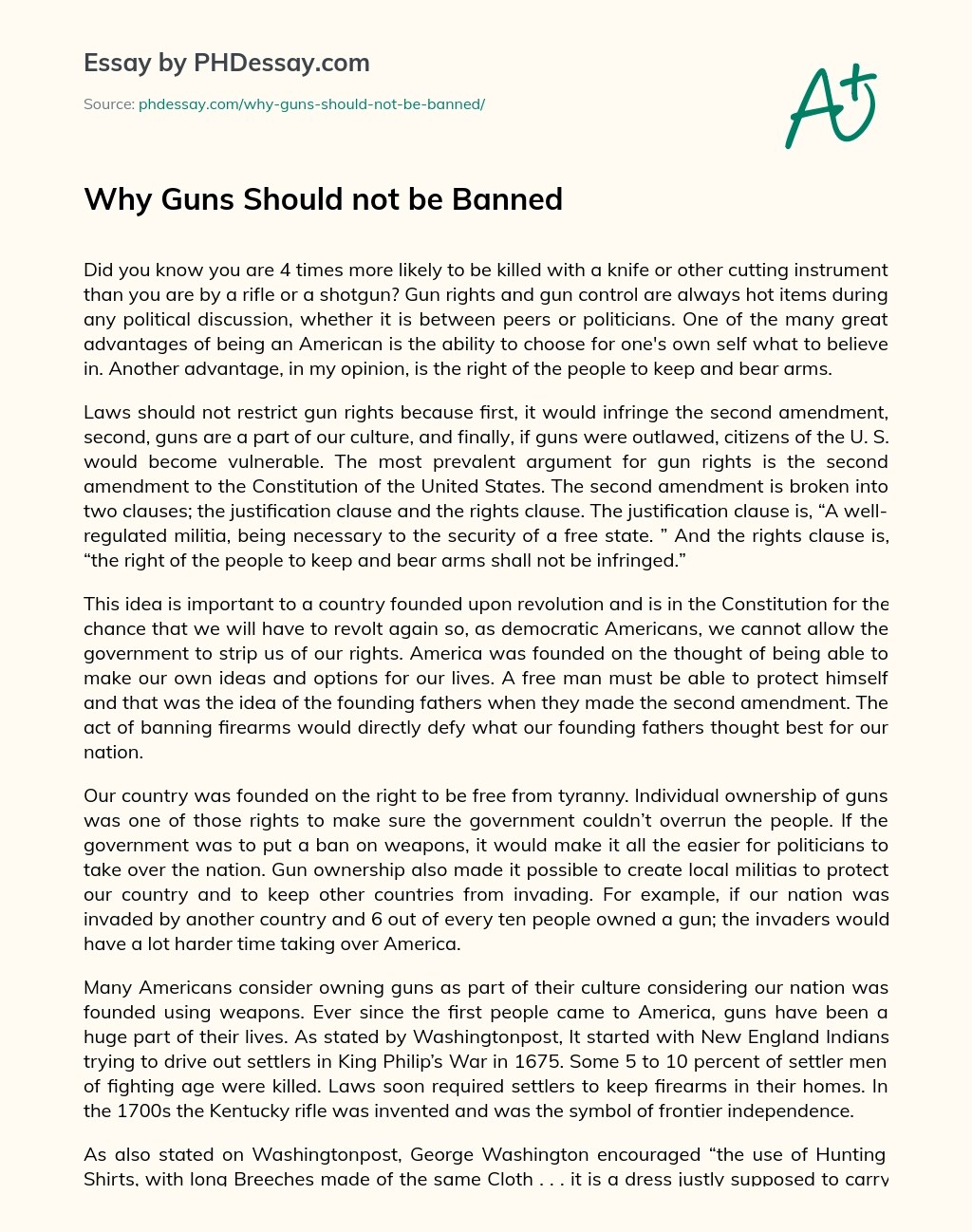 Why Guns Should Not Be Banned Essay Example