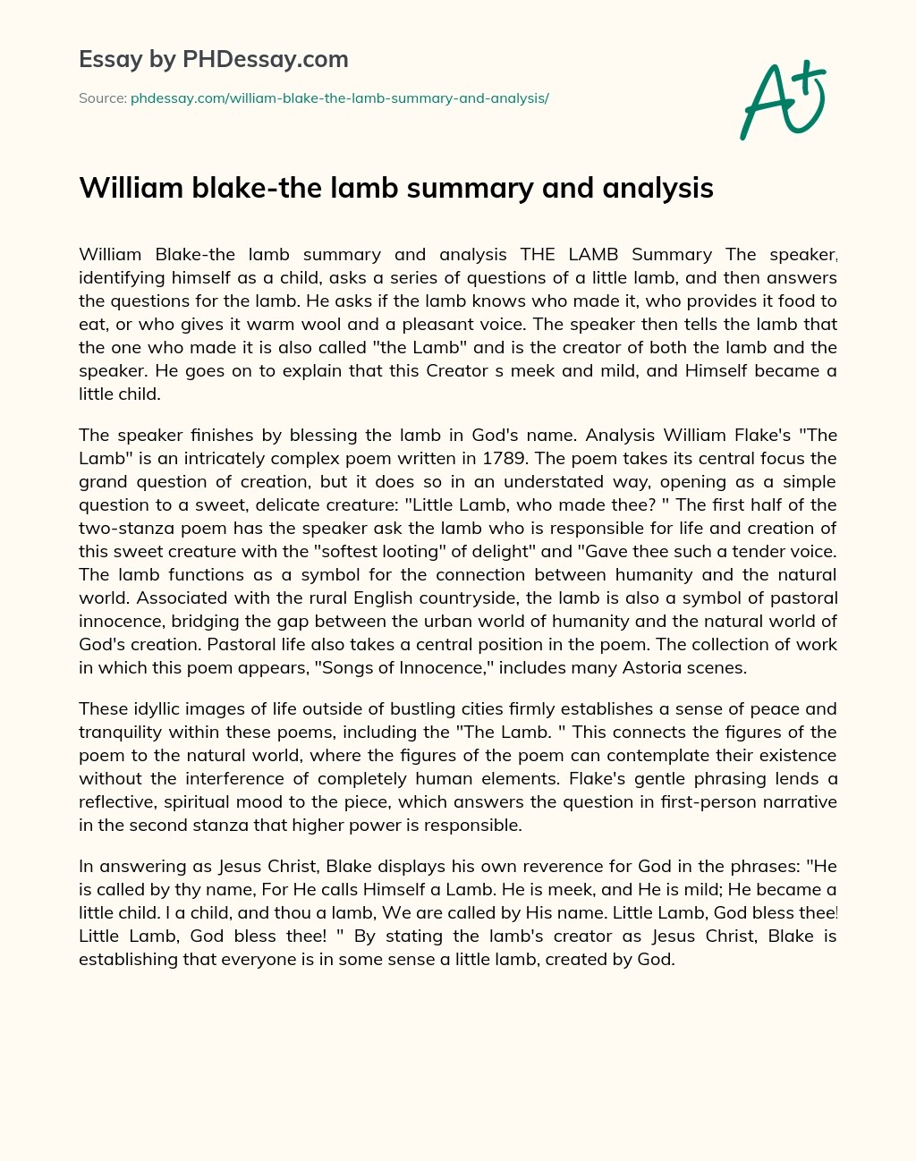 William BlakeThe Lamb Summary And Analysis Essay Example (400 Words
