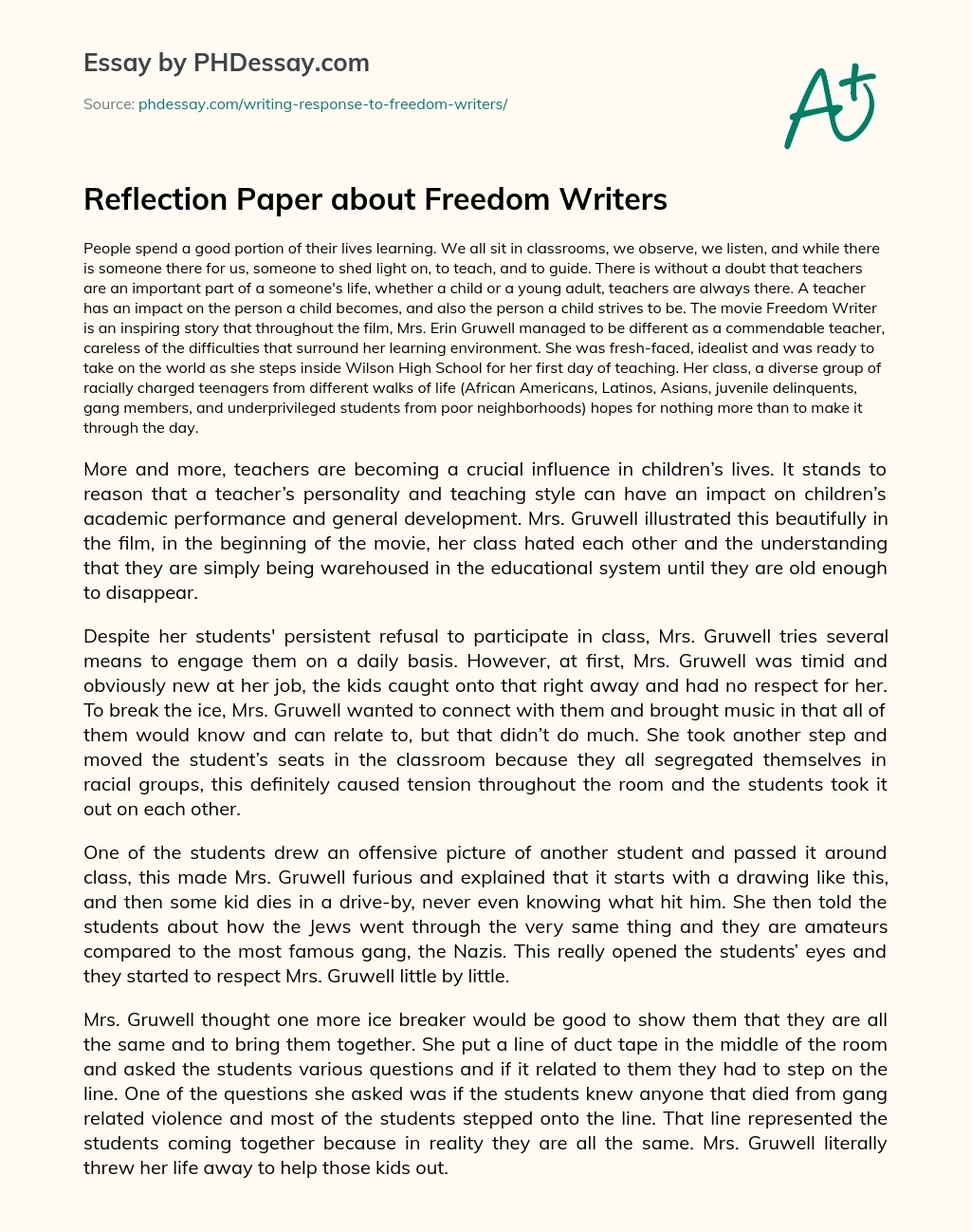 Reflection Paper About Freedom Writers Summary And Review Essay Example