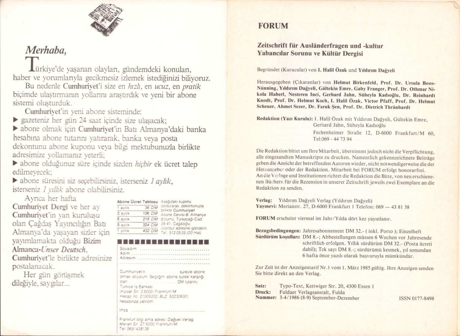 Almanca Türkçe, Forum Zeitschrift für Aulandergragen und Kultur