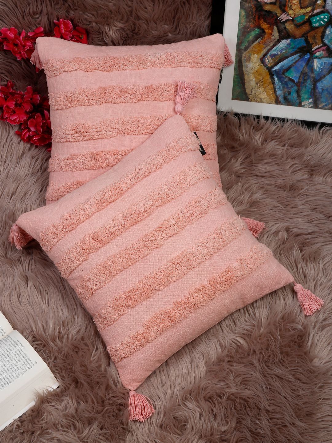 PEACH SET OF 2 STRIPED SQUARE CUSHION COVERS Pehnav