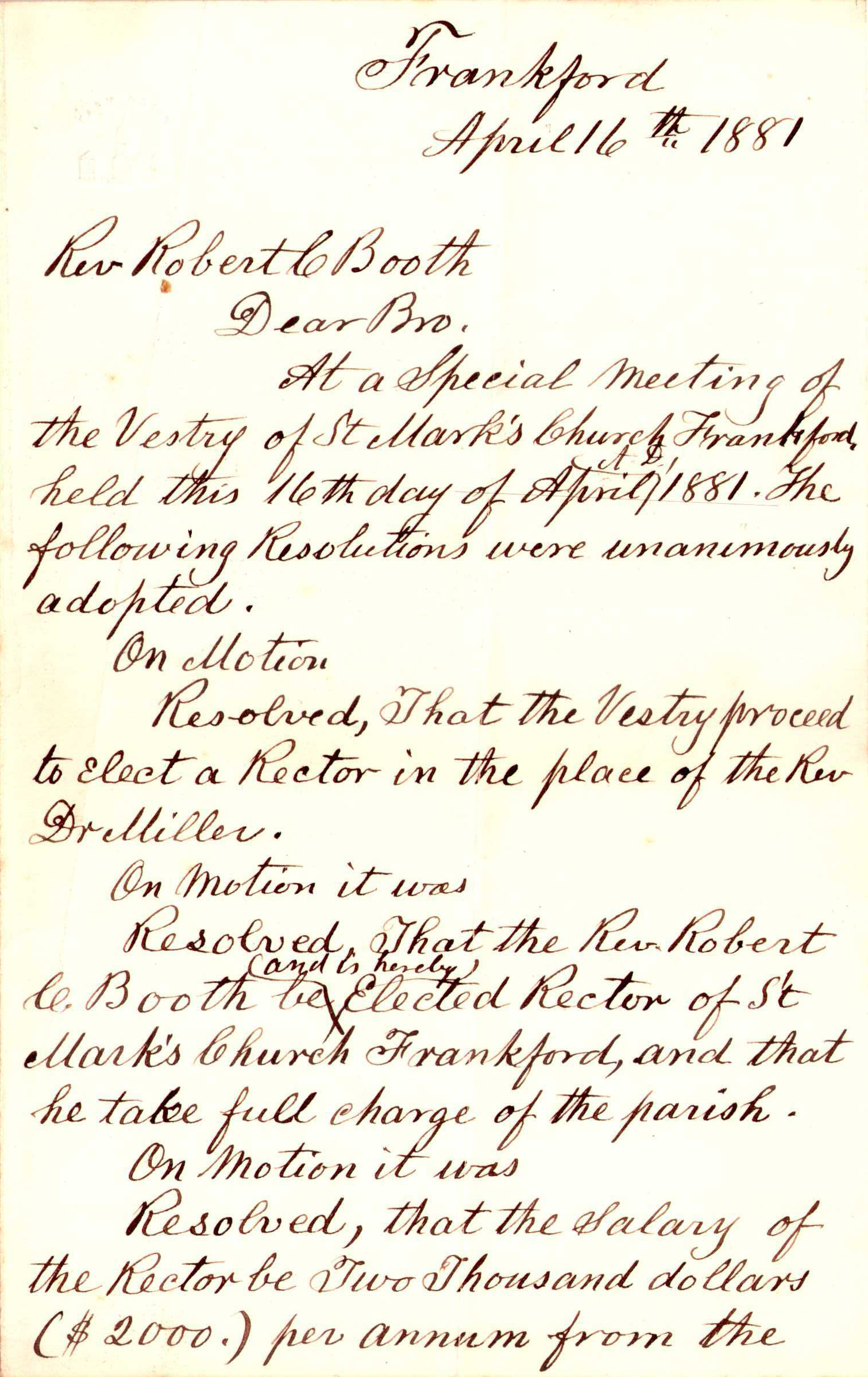 Offer Letter to Rev. Robert C. Booth to Assume the Rectorship of St. Mark’s Church, Frankford