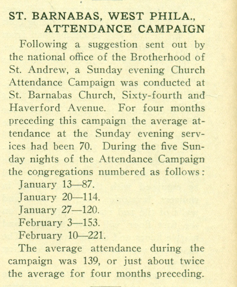Attendance Campaign at St. Barnabas’ Church, Haddington (1929